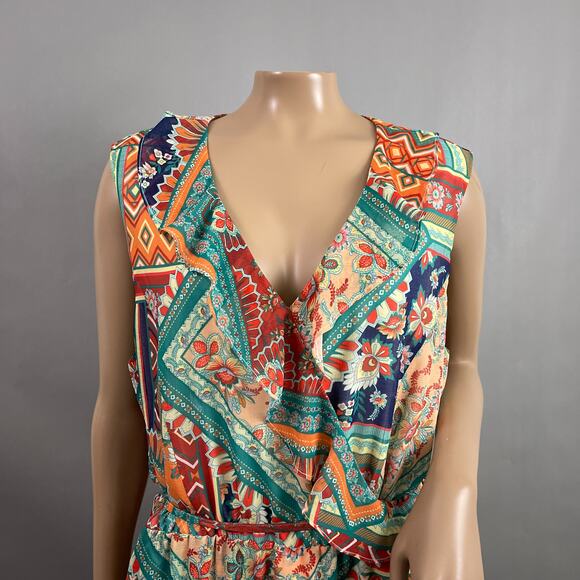 Reba Dress Women XL Floral Print Midi Hi-Low Ruffle Faux Wrap Chiffon Boho - Picture 2 of 10